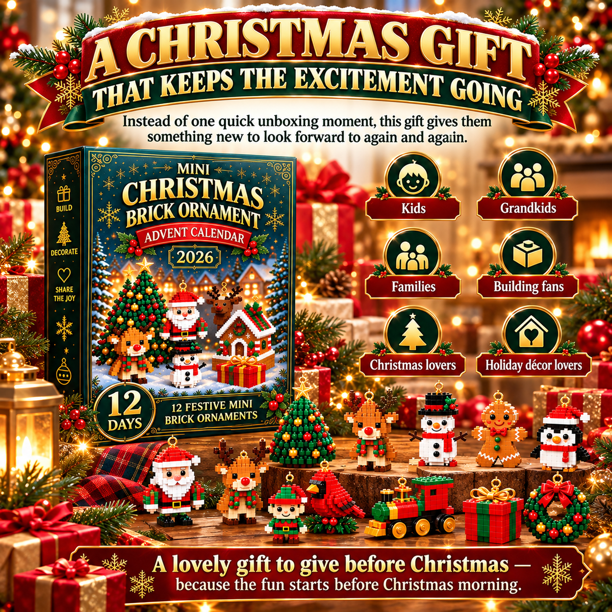 🎄 24-Day Mini Christmas Ornament Advent Calendar | 24 unique festive buildable designs with hanging loops—perfect for decorating Christmas trees, wreaths, and holiday displays 🧱