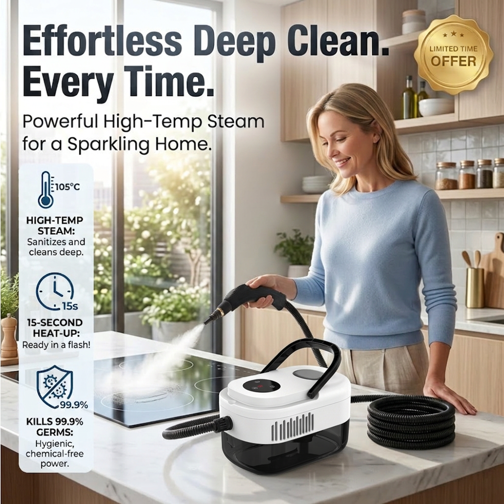 🥳2026 HOT SALE🥳💞50K+ SOLD!📢⏰ 50% OFF! High‑Temp Steam Cleaner – 105°C steam, 15s heat‑up. Kills 99.9% germs, no chemicals. 6 levels, large 1100ml tank. Multi‑surface magic! 🔥✨