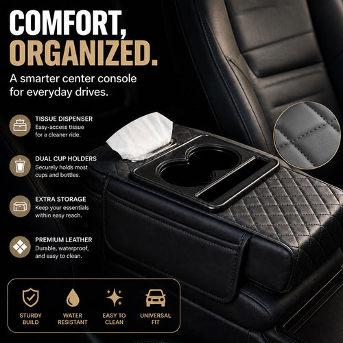 🚗 Car Console Organizer – PU Leather Armrest, Side Storage, Cup Holder