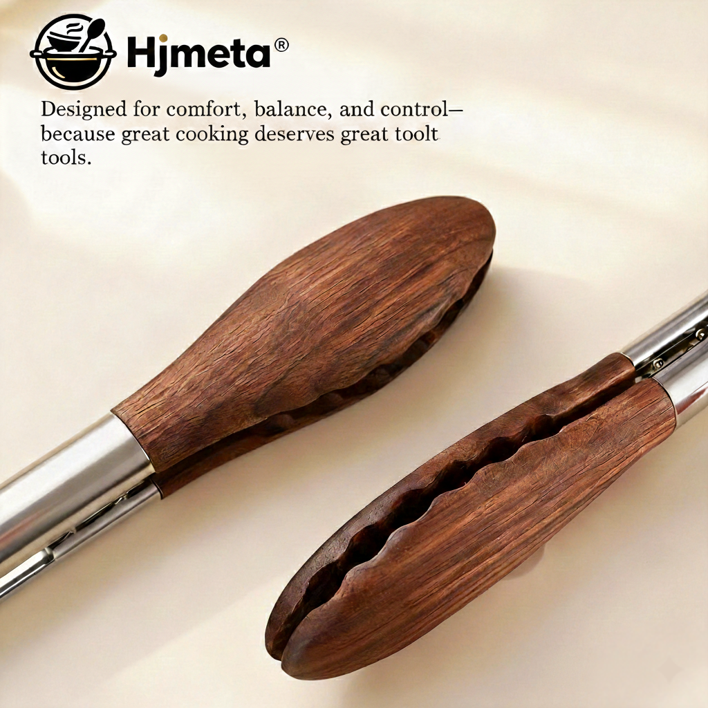 Hjmeta® 12" Walnut Wood Kitchen Tongs – Cook, Serve & Grill with Confidence
