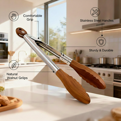 Hjmeta® 12" Walnut Wood Kitchen Tongs – Cook, Serve & Grill with Confidence
