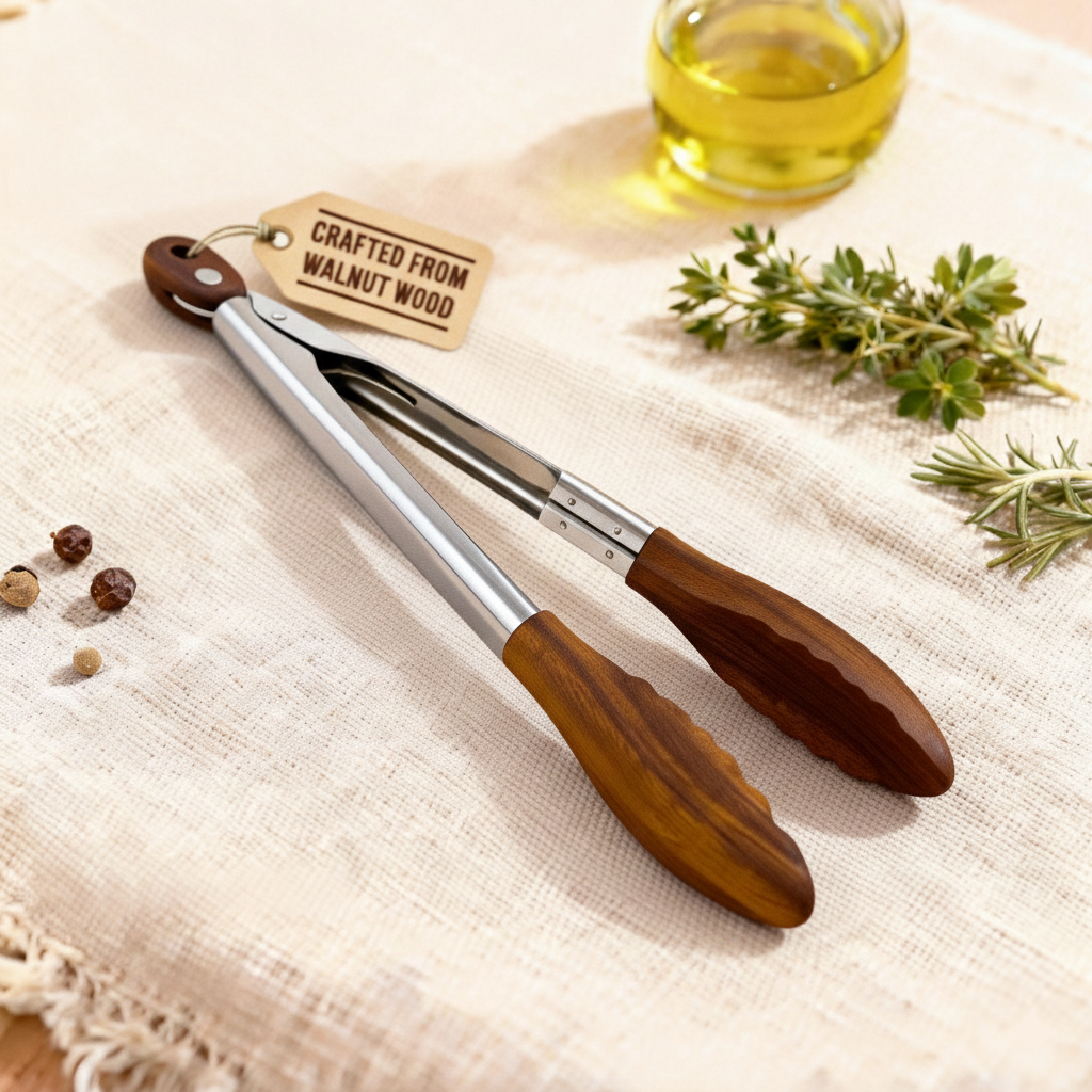 Hjmeta® 12" Walnut Wood Kitchen Tongs – Cook, Serve & Grill with Confidence