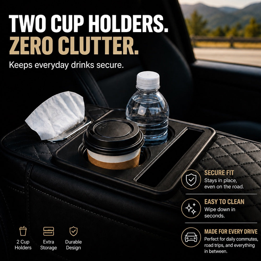 🚗 Car Console Organizer – PU Leather Armrest, Side Storage, Cup Holder