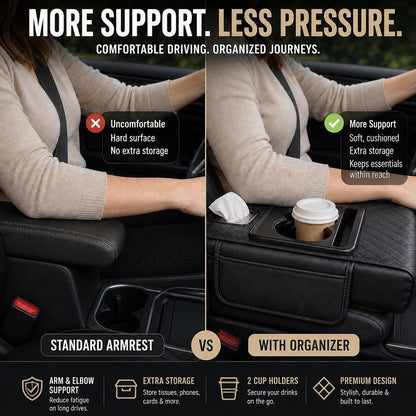 🚗 Car Console Organizer – PU Leather Armrest, Side Storage, Cup Holder