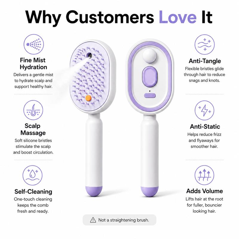 💖ProGlide™🇬🇧 Scalp Massager Comb 💆‍♀️ – Self-Cleaning 🧼, Tangle-Free ✂️ & Frizz-Control Hair Brush with Soothing Mist Spray 💨✨ | Perfect for Dry, Brittle Hair 💧🌟