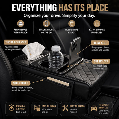 🚗 Car Console Organizer – PU Leather Armrest, Side Storage, Cup Holder