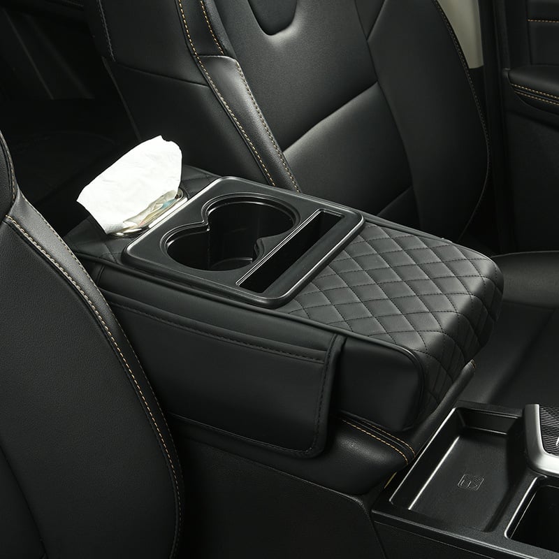 🚗 Car Console Organizer – PU Leather Armrest, Side Storage, Cup Holder