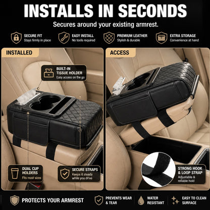🚗 Car Console Organizer – PU Leather Armrest, Side Storage, Cup Holder