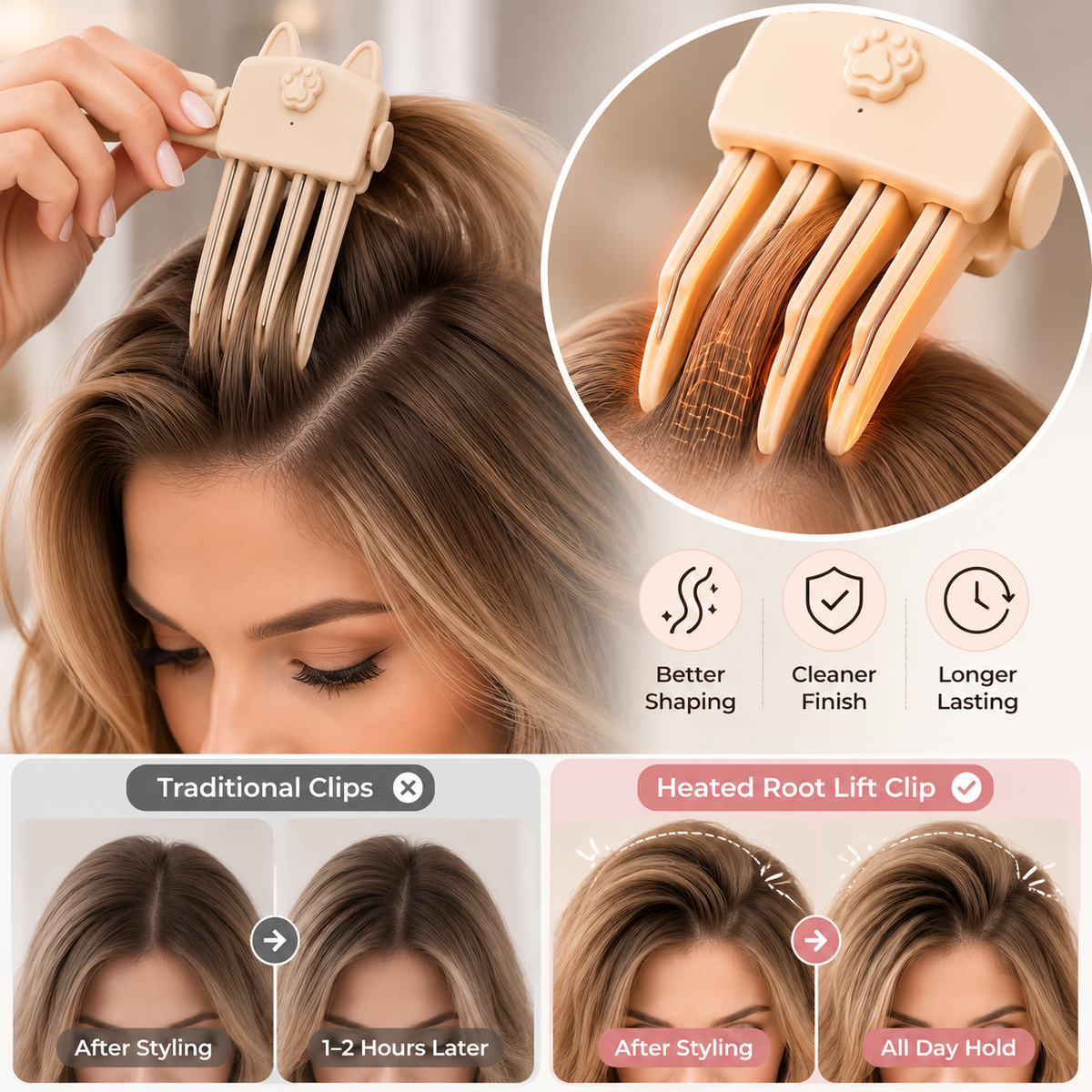 Hjmeta®-💇 Wireless Heated Volumizing Root Lift Clip, Portable Travel Hair Styling Tool for Flat Fine Hair