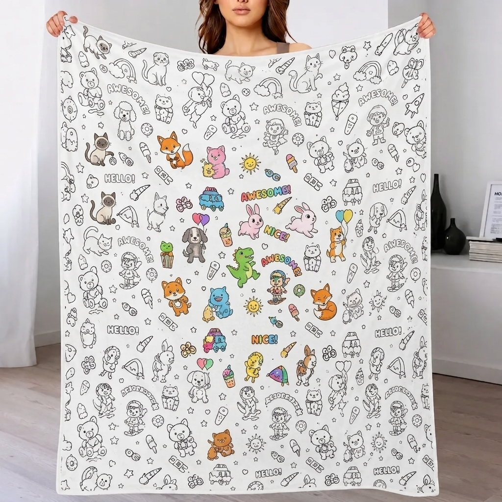 DIY Drawing Blanket (Optional 24-Color Marker Set) Create Your Art Blanket Washable Keepsake Blanket for Kids & Adults
