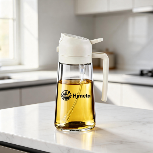 Hjmeta® 2-in-1 Glass Oil Sprayer & Dispenser – 470ml Refillable Kitchen Spray Bottle with Pour Spout (Creamy White)