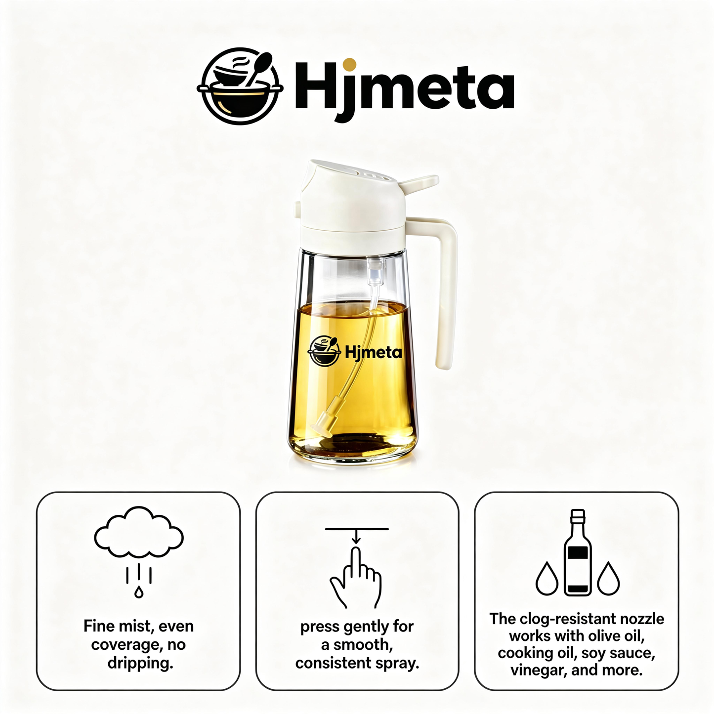 Hjmeta® 2-in-1 Glass Oil Sprayer & Dispenser – 470ml Refillable Kitchen Spray Bottle with Pour Spout (Creamy White)