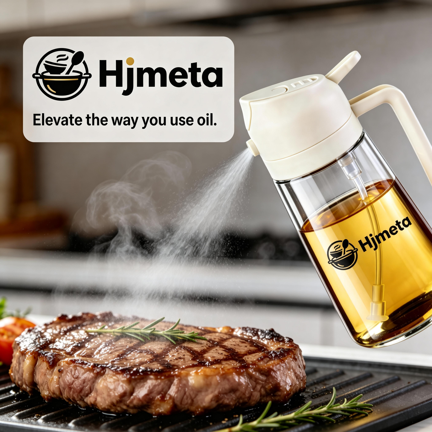 Hjmeta® 2-in-1 Glass Oil Sprayer & Dispenser – 470ml Refillable Kitchen Spray Bottle with Pour Spout (Creamy White)
