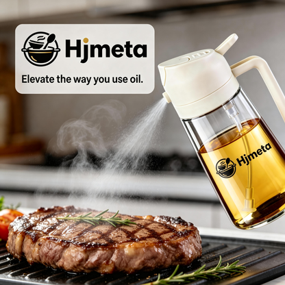 Hjmeta® 2-in-1 Glass Oil Sprayer & Dispenser – 470ml Refillable Kitchen Spray Bottle with Pour Spout (Creamy White)