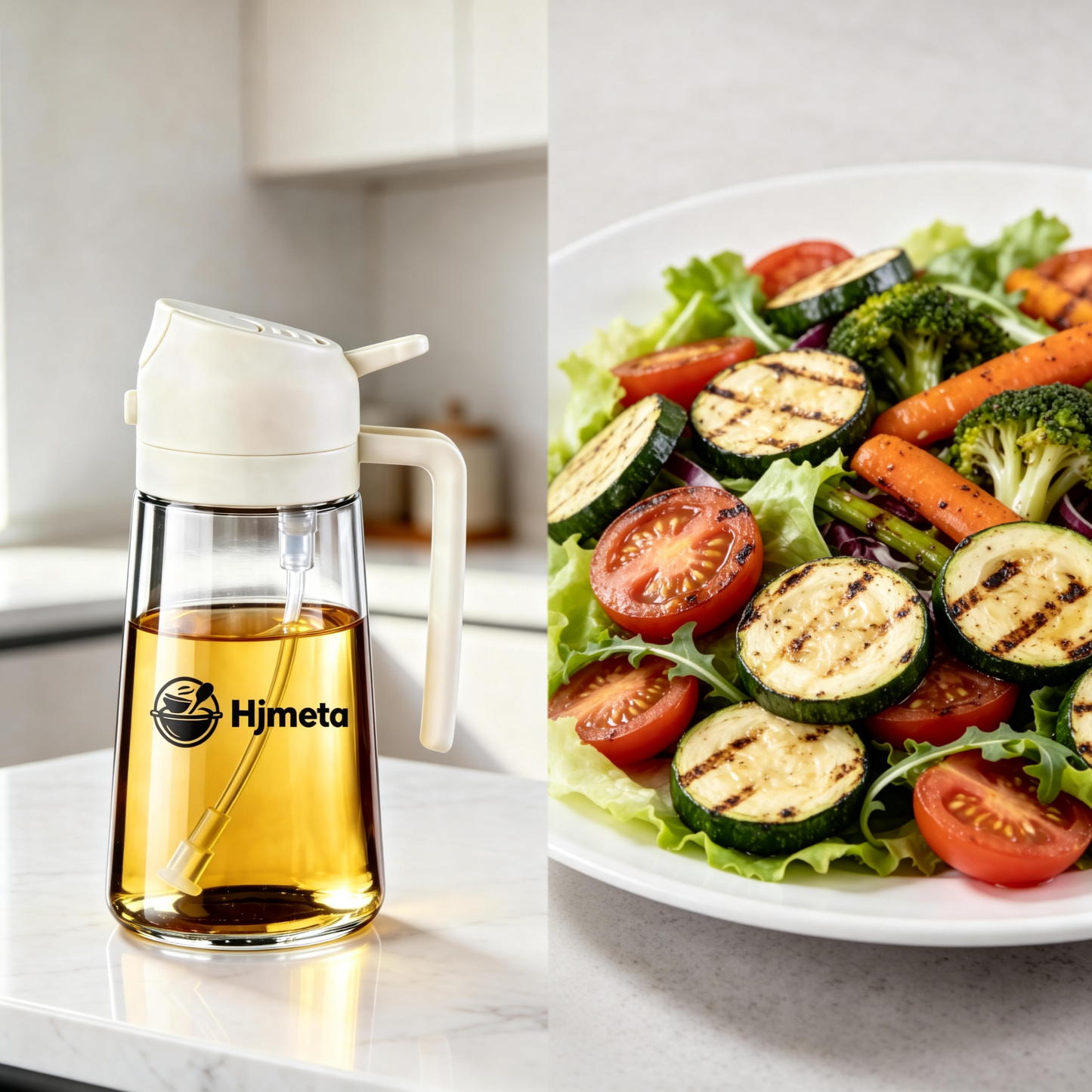 Hjmeta® 2-in-1 Glass Oil Sprayer & Dispenser – 470ml Refillable Kitchen Spray Bottle with Pour Spout (Creamy White)