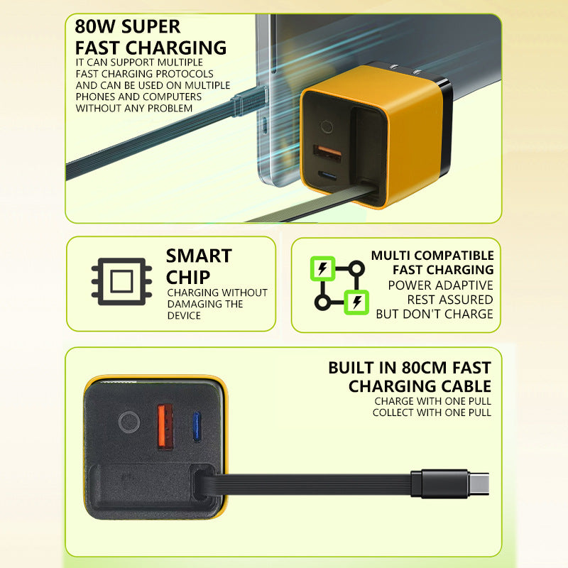 3-in-1 GaN Charger, 80W MAX scalable fast charging module with Type-C cable and 2 USB ports
